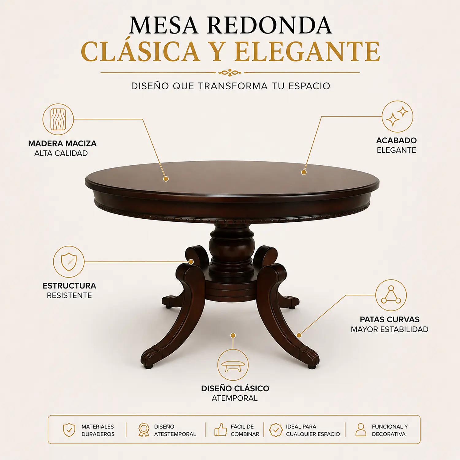 Comedor Redondo Clásico de Madera Caoba con 4 Sillas 26