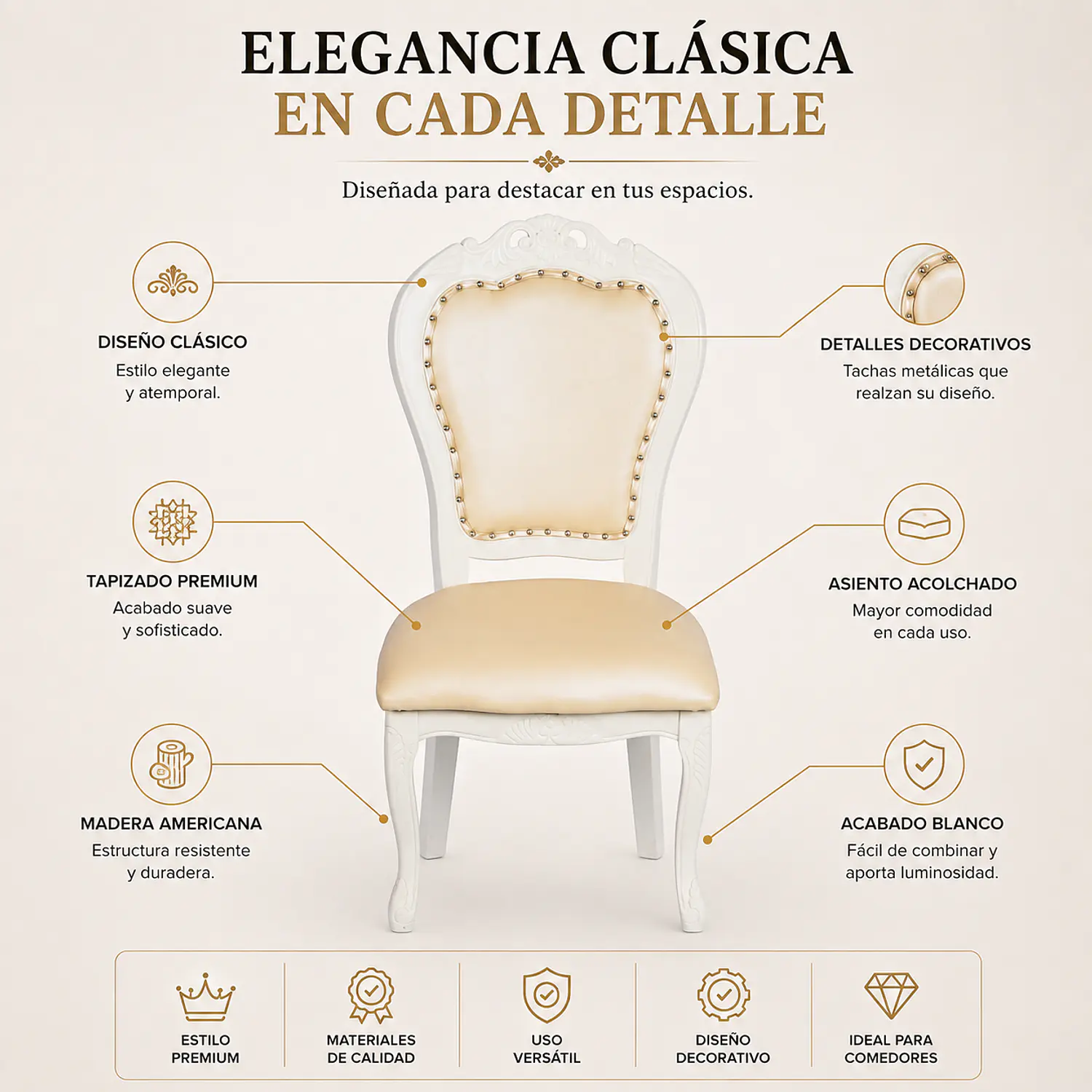 Silla Comedor Grecia Blanca de Madera Americana Clásica 2