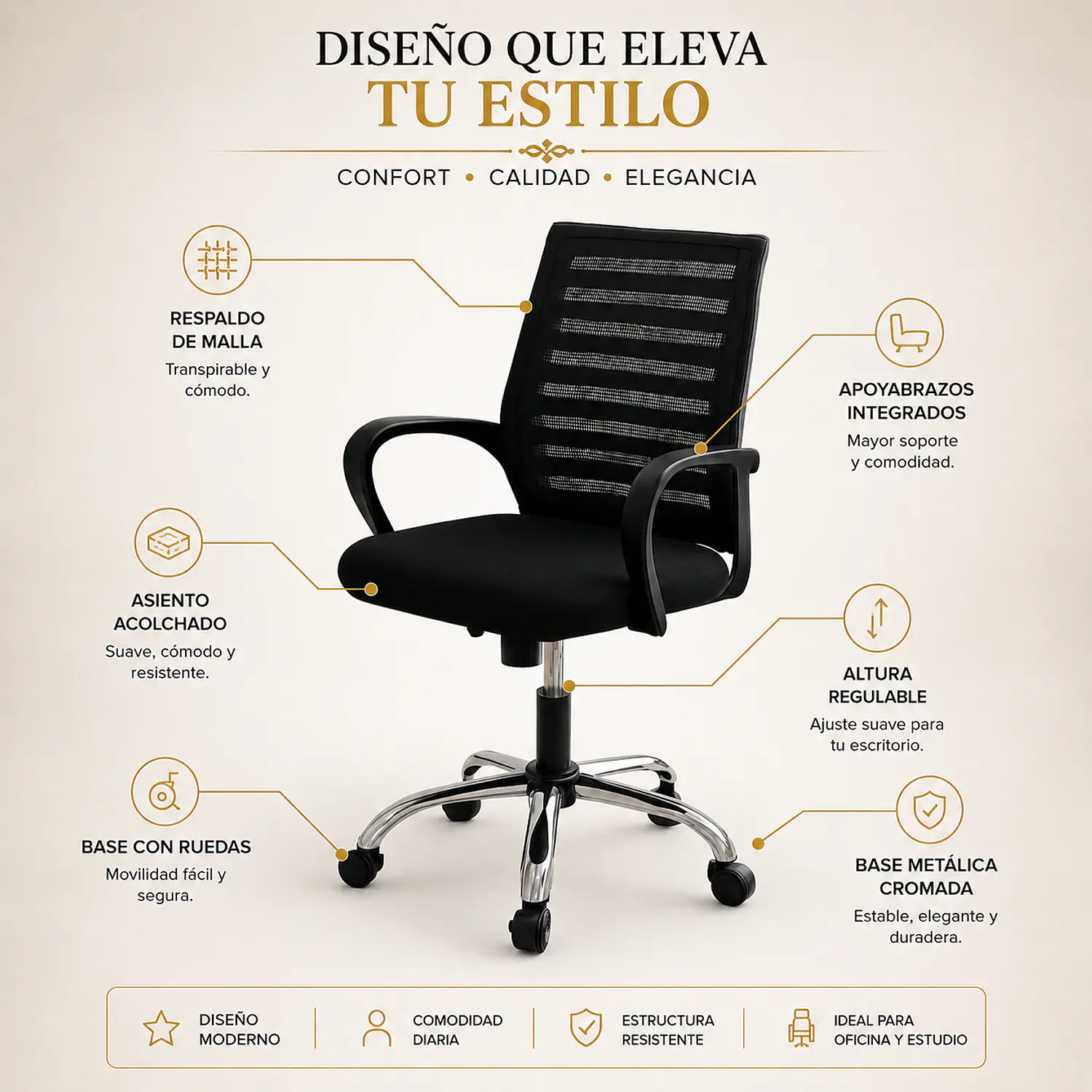 Silla de Escritorio Secretarial Ergonómica Negra con Brazos 2