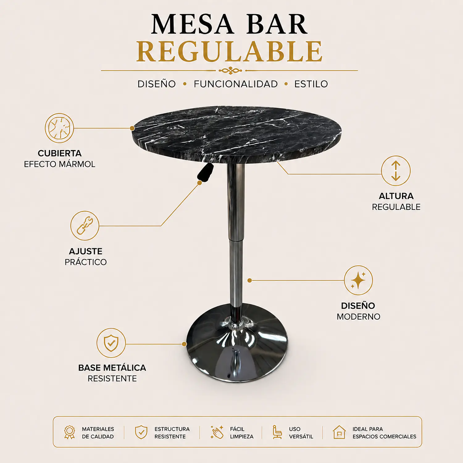 Mesa Alta Regulable Negra Efecto Mármol para Bar y Cafetería 2
