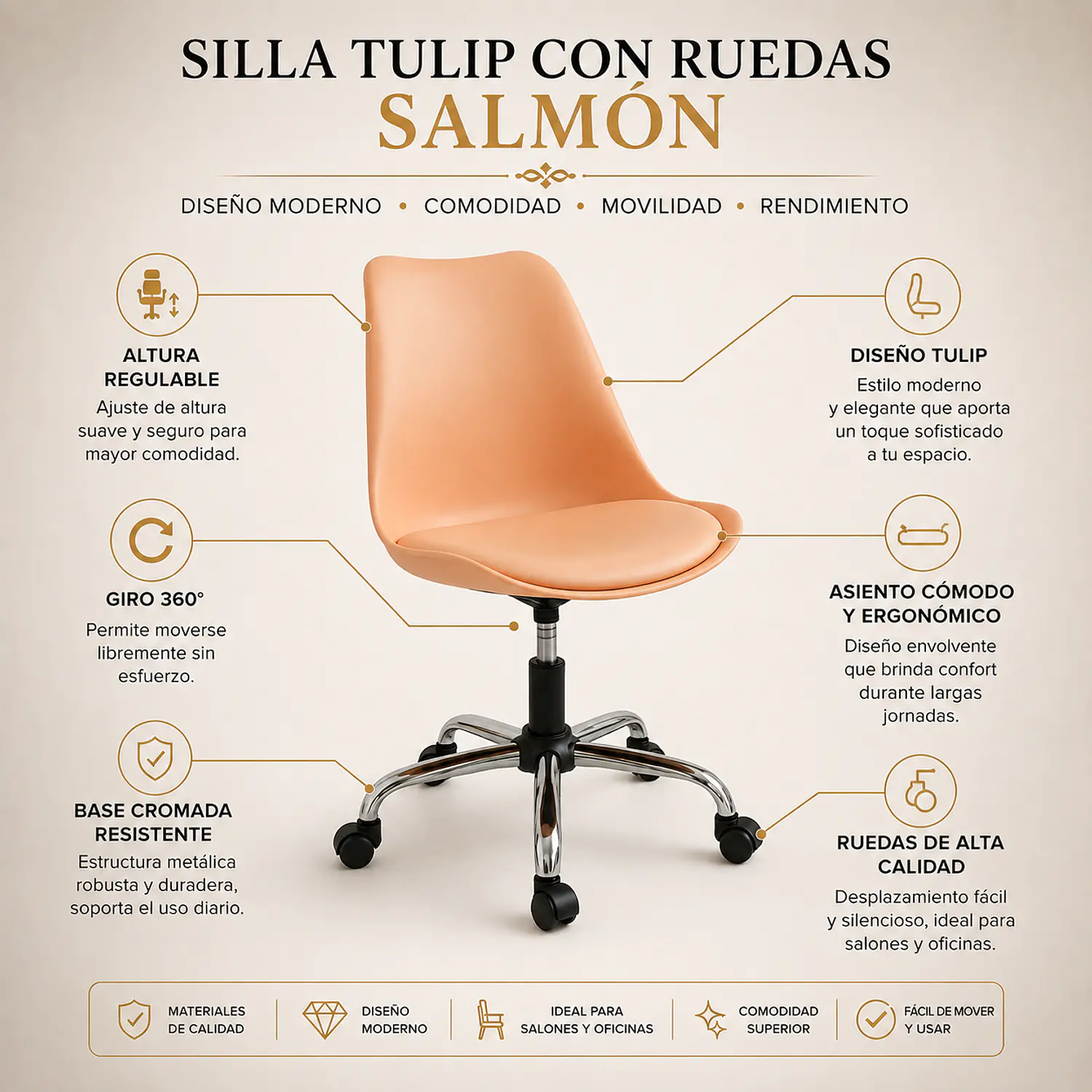 Silla Tulip con Ruedas Salmón para Manicure y Salón de Belleza 2