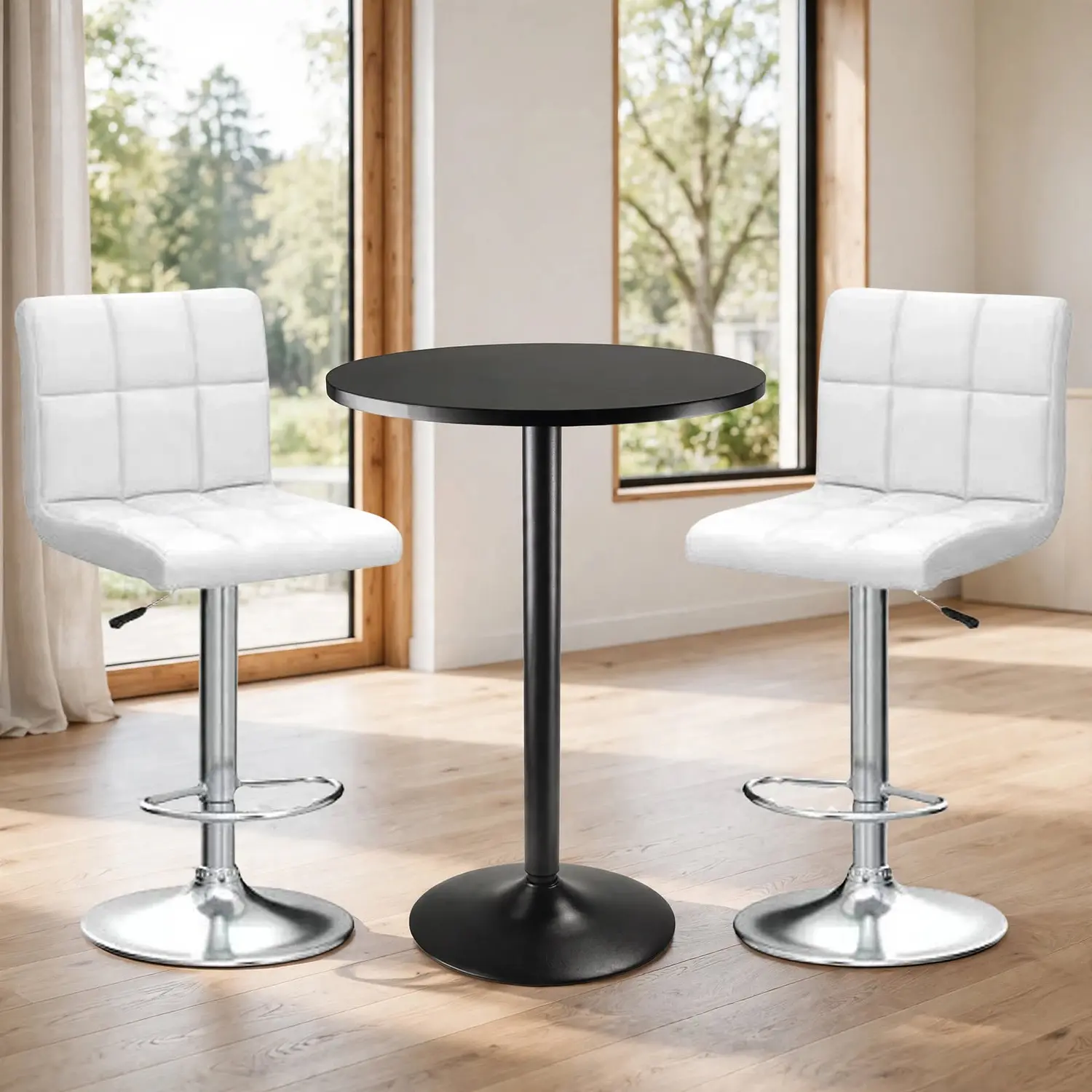 Set Mesa de Bar Redonda Base Negra con 2 Taburetes Regulables Cromado  1