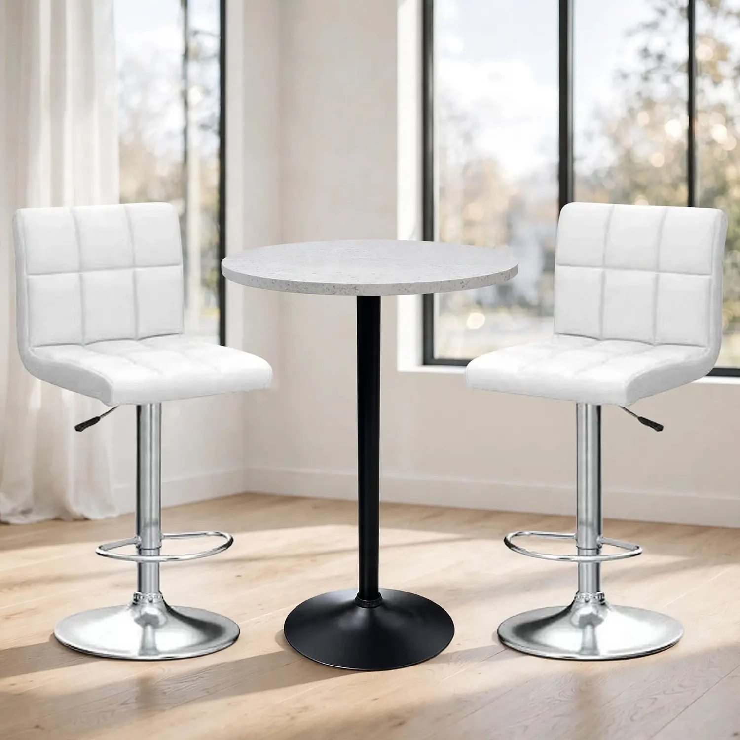 Set Mesa de Bar Redonda Base Negra con 2 Taburetes Regulables Cromado  3