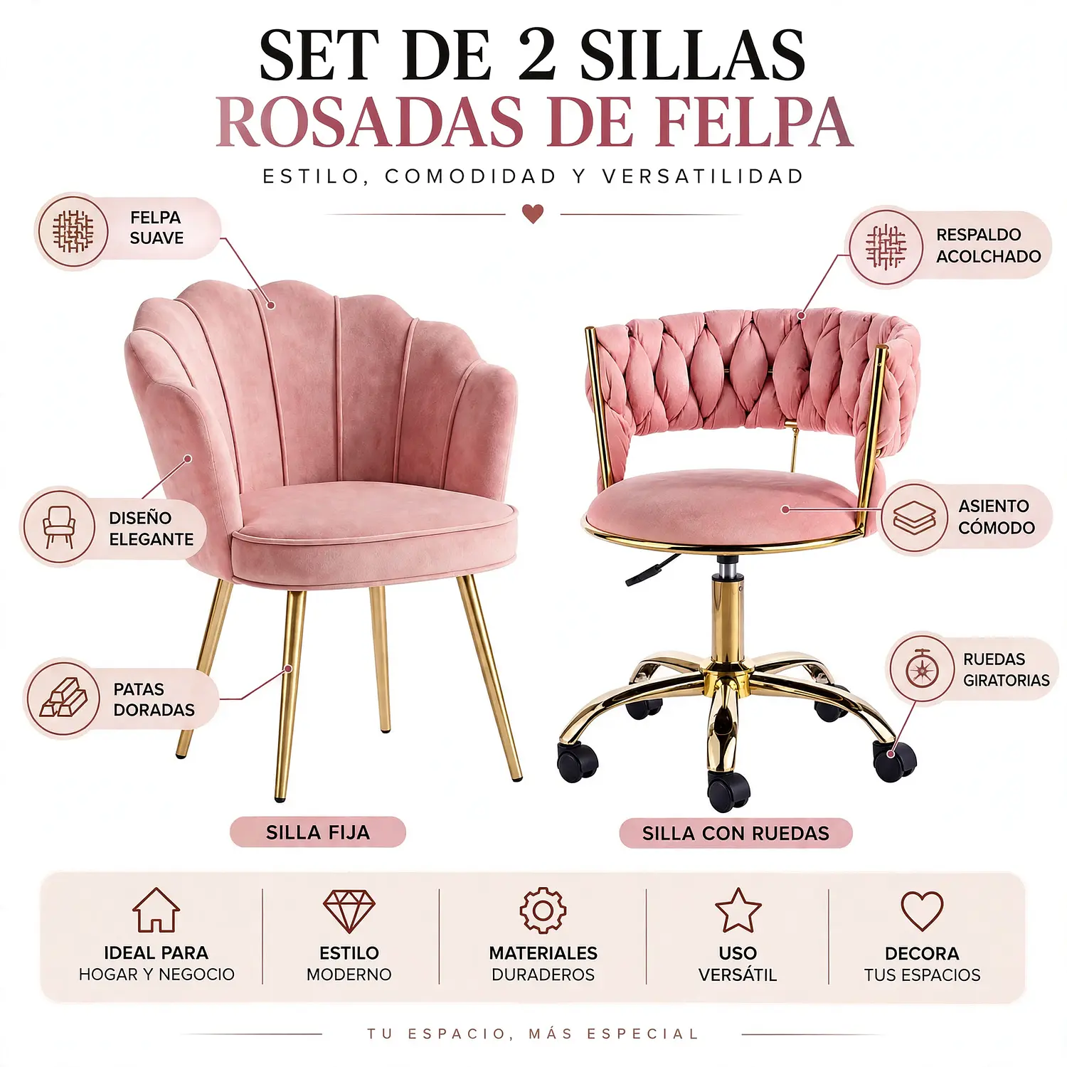 Set 2 Sillas Rosadas de Felpa Fija y con Ruedas 2