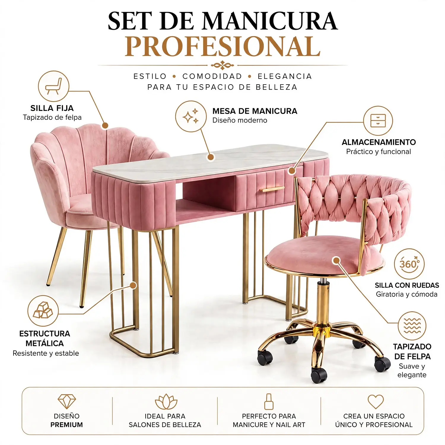 Set de Manicura Profesional Rosado con Mesa y 2 Sillas Fija y con Ruedas 2