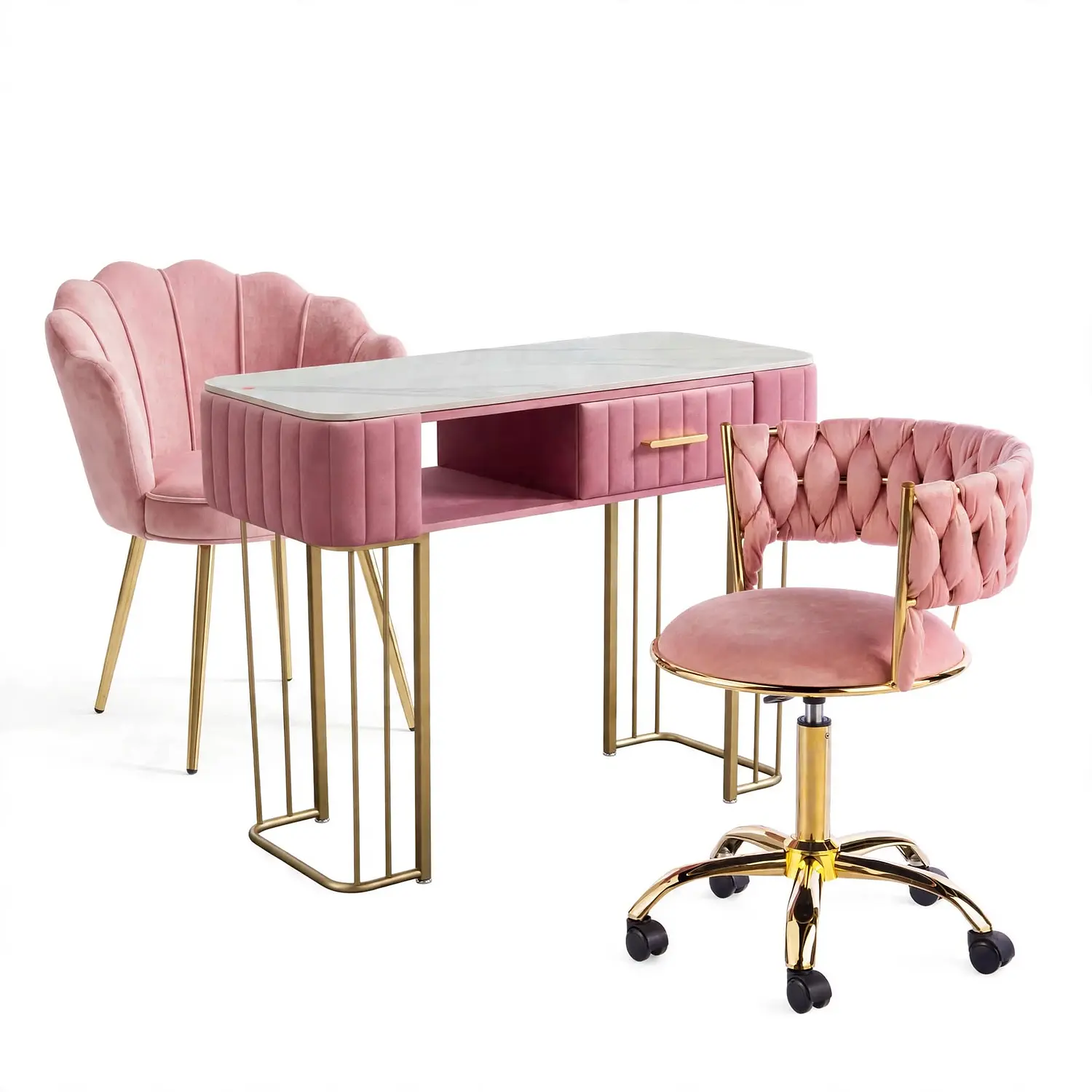 Set de Manicura Profesional Rosado con Mesa y 2 Sillas Fija y con Ruedas 3