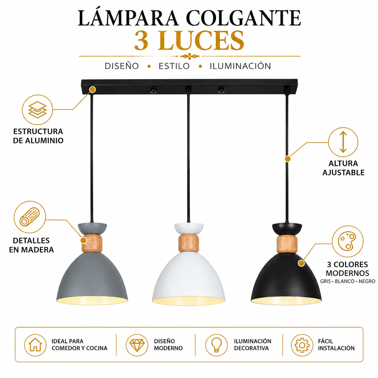 Lámpara Colgante 3 Luces de Aluminio Gris Blanco Negro 2