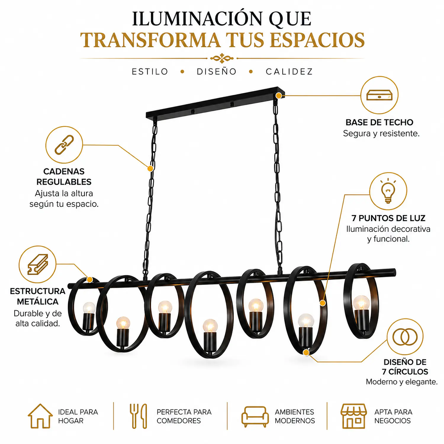 Lámpara Colgante Decorativa 7 Círculos Negro Moderna 2