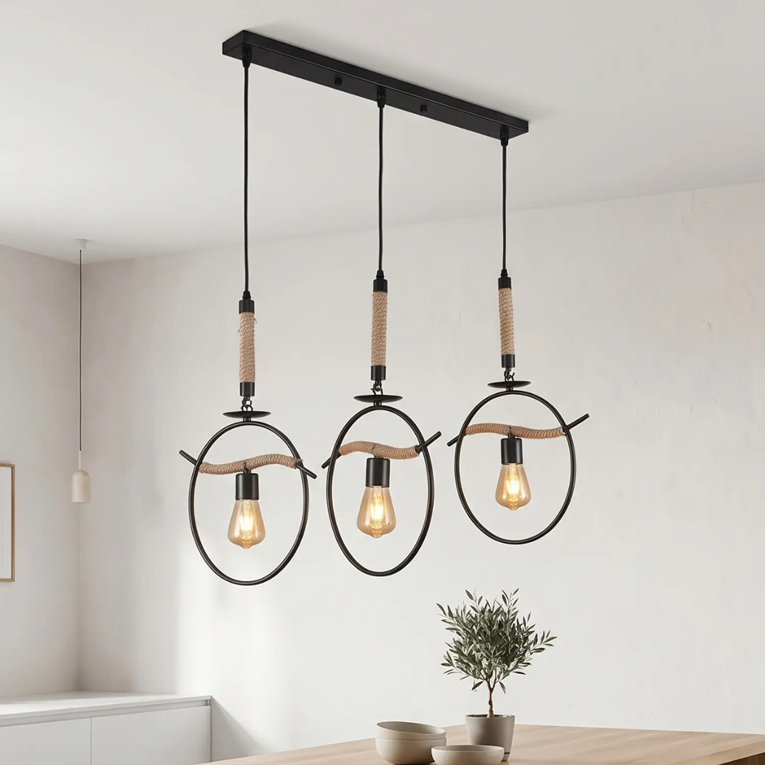 Lámpara Colgante 3 Luces Industrial Cáñamo y Aluminio 1