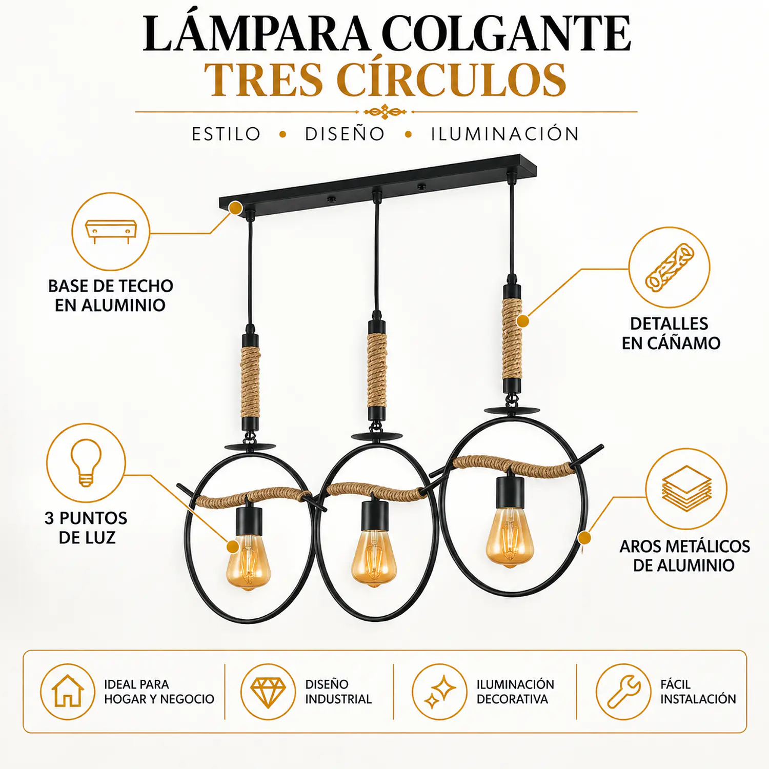 Lámpara Colgante 3 Luces Industrial Cáñamo y Aluminio 2