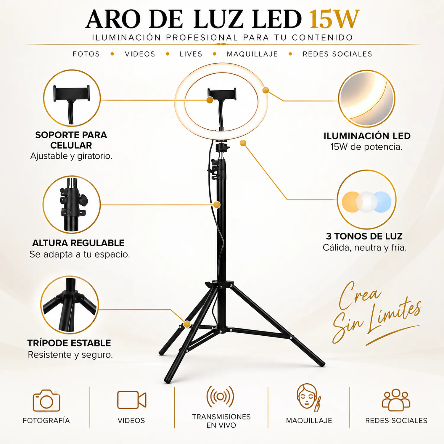 Aro de Luz LED 15W AL0001 con Trípode y Soporte Celular 2