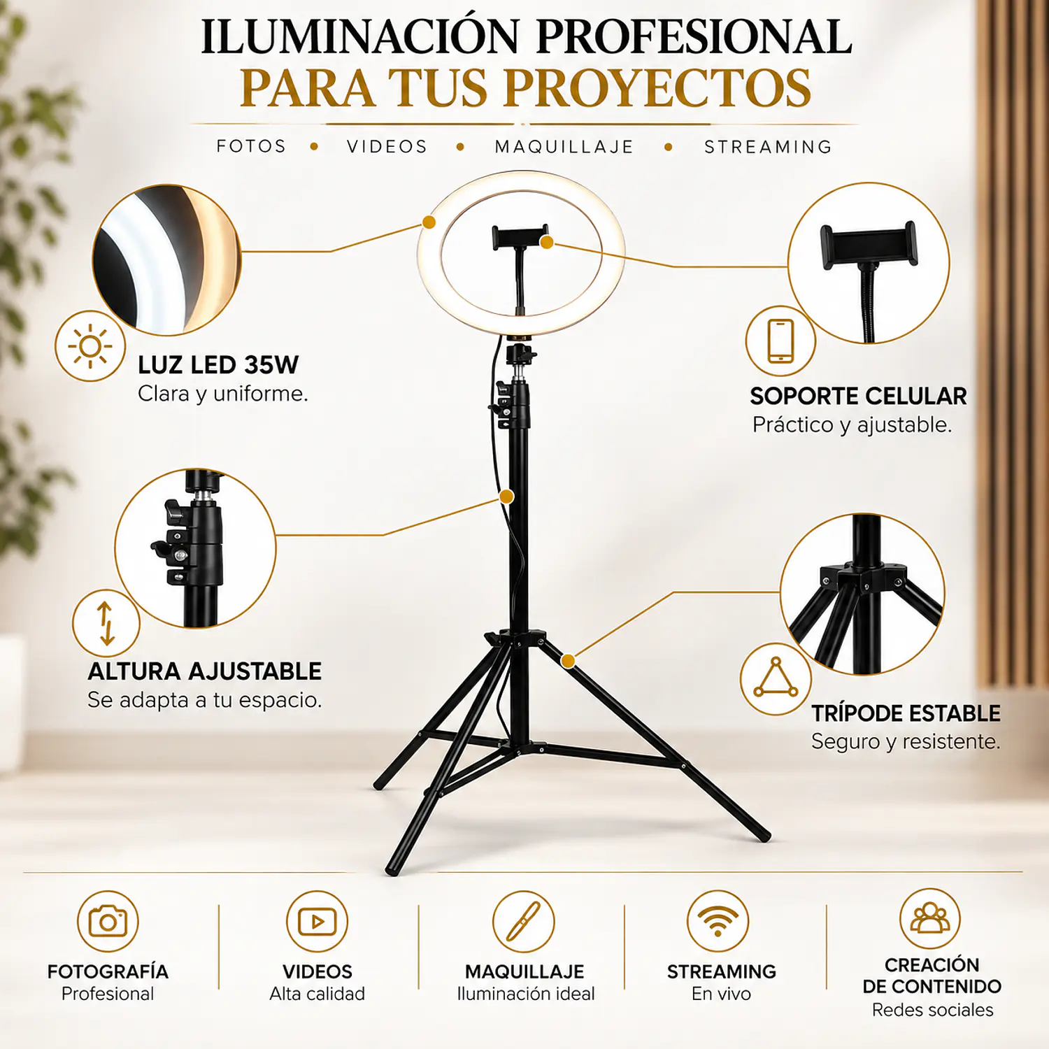 Aro de Luz Led 35W AL0002 Profesional con Trípode y Soporte Celular 2