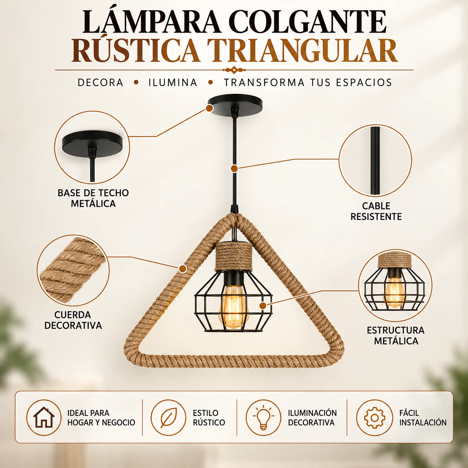Lámpara Colgante Rústica Triangular Decorativa 38×33 mm 2