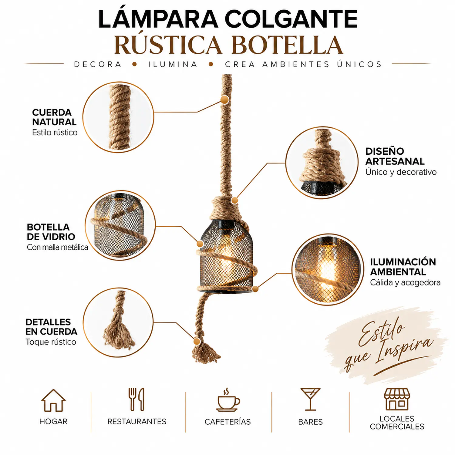 Lámpara Colgante Rústica Botella Vintage Decorativa 2