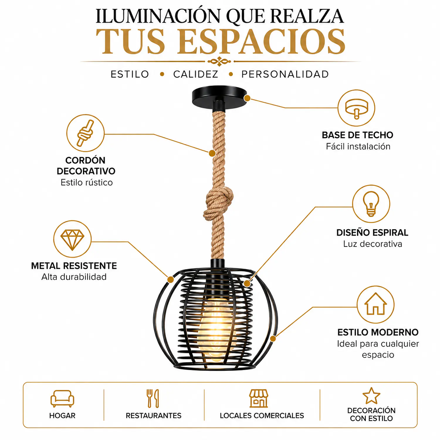 Lámpara Colgante de Metal Negro con Cesta Espiral Decorativa 2