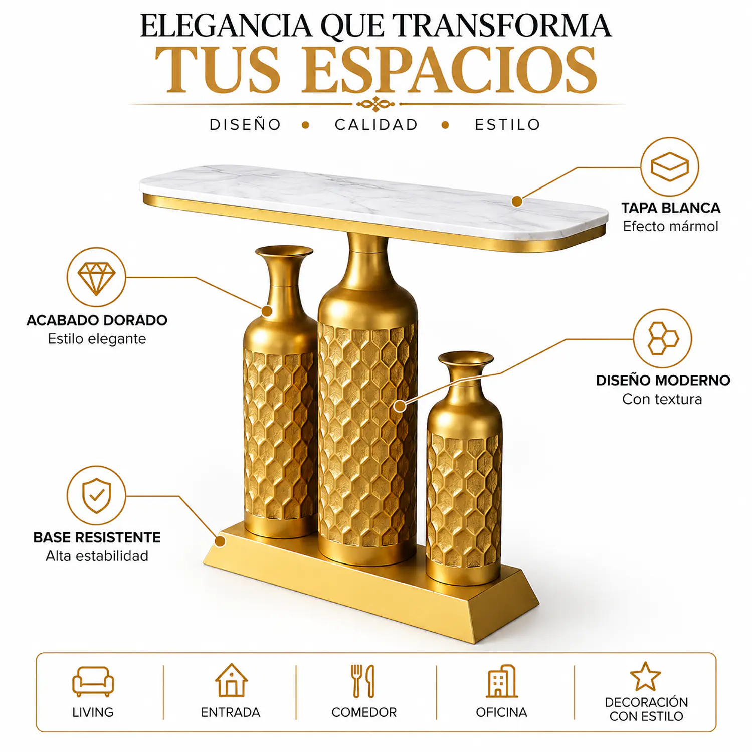 Arrimo Moderno con 3 Jarrones Dorados Decorativos y Tapa Blanca 2