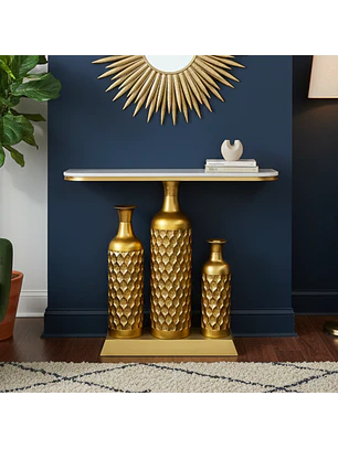 Arrimo Moderno con 3 Jarrones Dorados Decorativos y Tapa Blanca