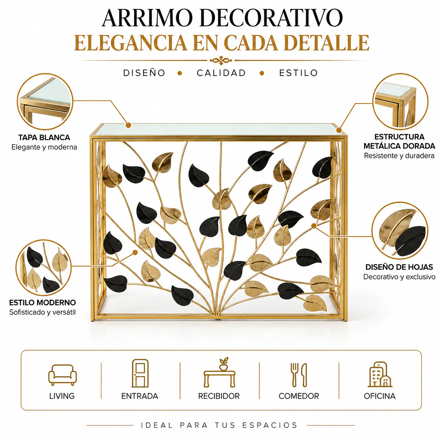 Arrimo Dorado con Diseño de Hojas y Tapa Blanca Elegante 2