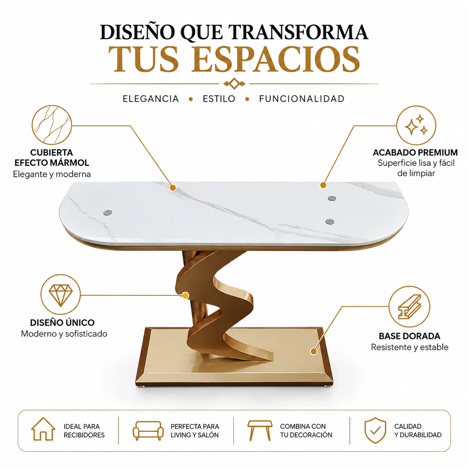 Mesa de Arrimo Zaragoza Dorada con Cubierta Efecto Mármol 2