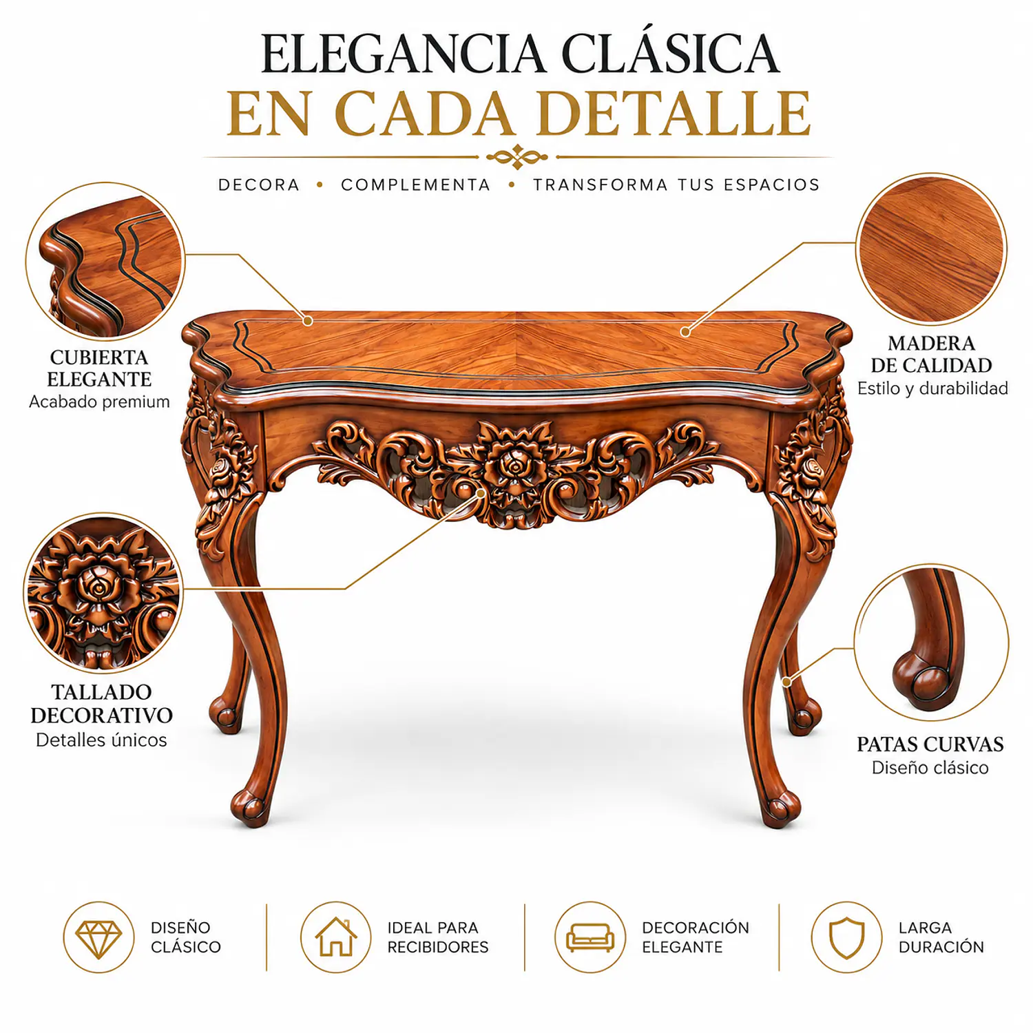 Mesa de Arrimo Clásica Tallada con Patas Curvas y Diseño Ornamental 2