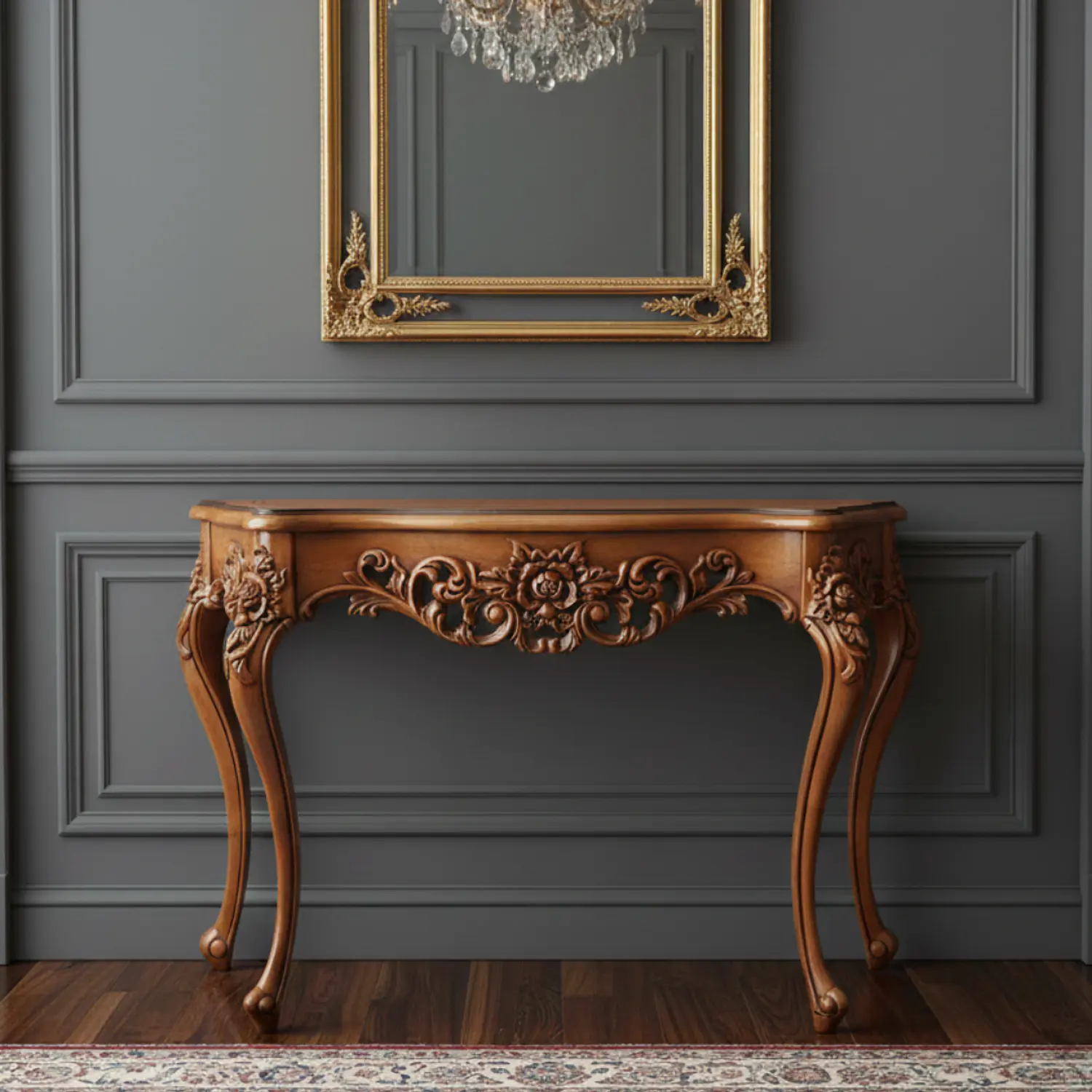 Mesa de Arrimo Clásica Tallada con Patas Curvas y Diseño Ornamental 1