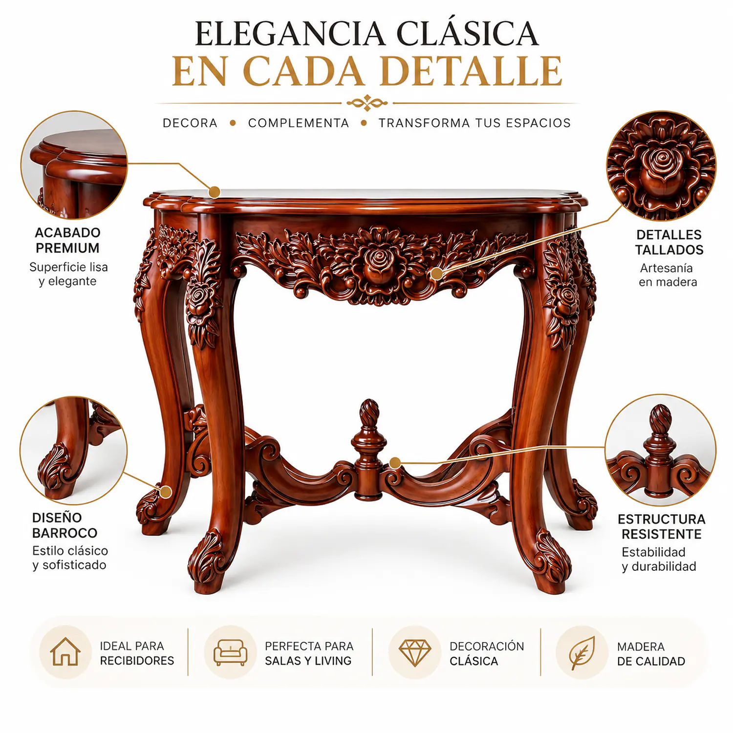 Mesa Lateral de Madera Montenegro Barroca Clásica Tallada 3