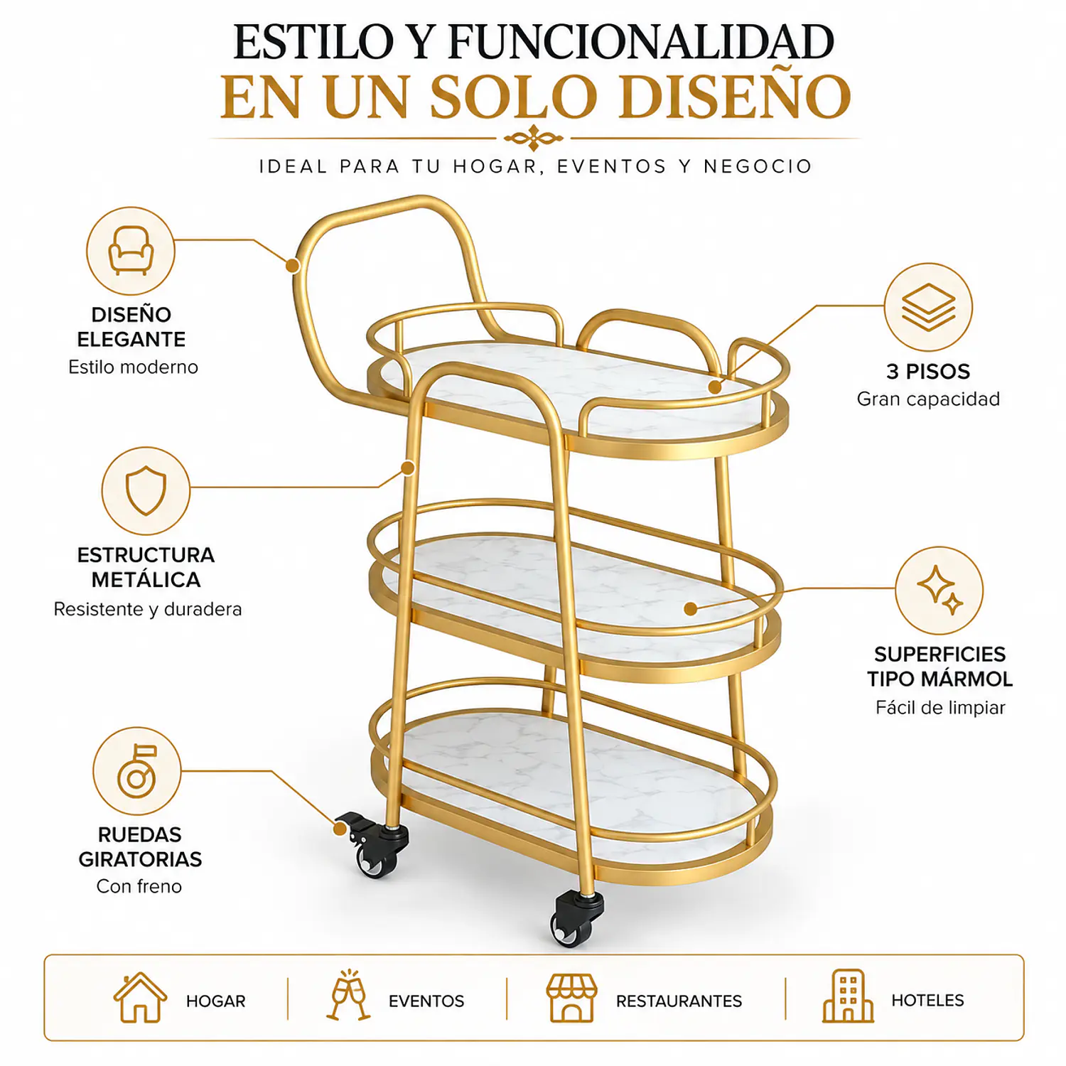 Carrito de Bar de 3 Pisos con Acabado Dorado 2