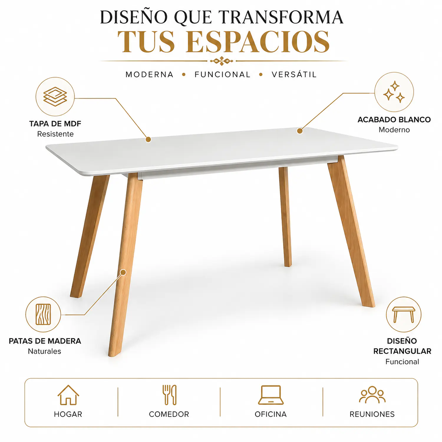 Mesa Tulip Rectangular Blanca MDF y Madera 120 cm  2