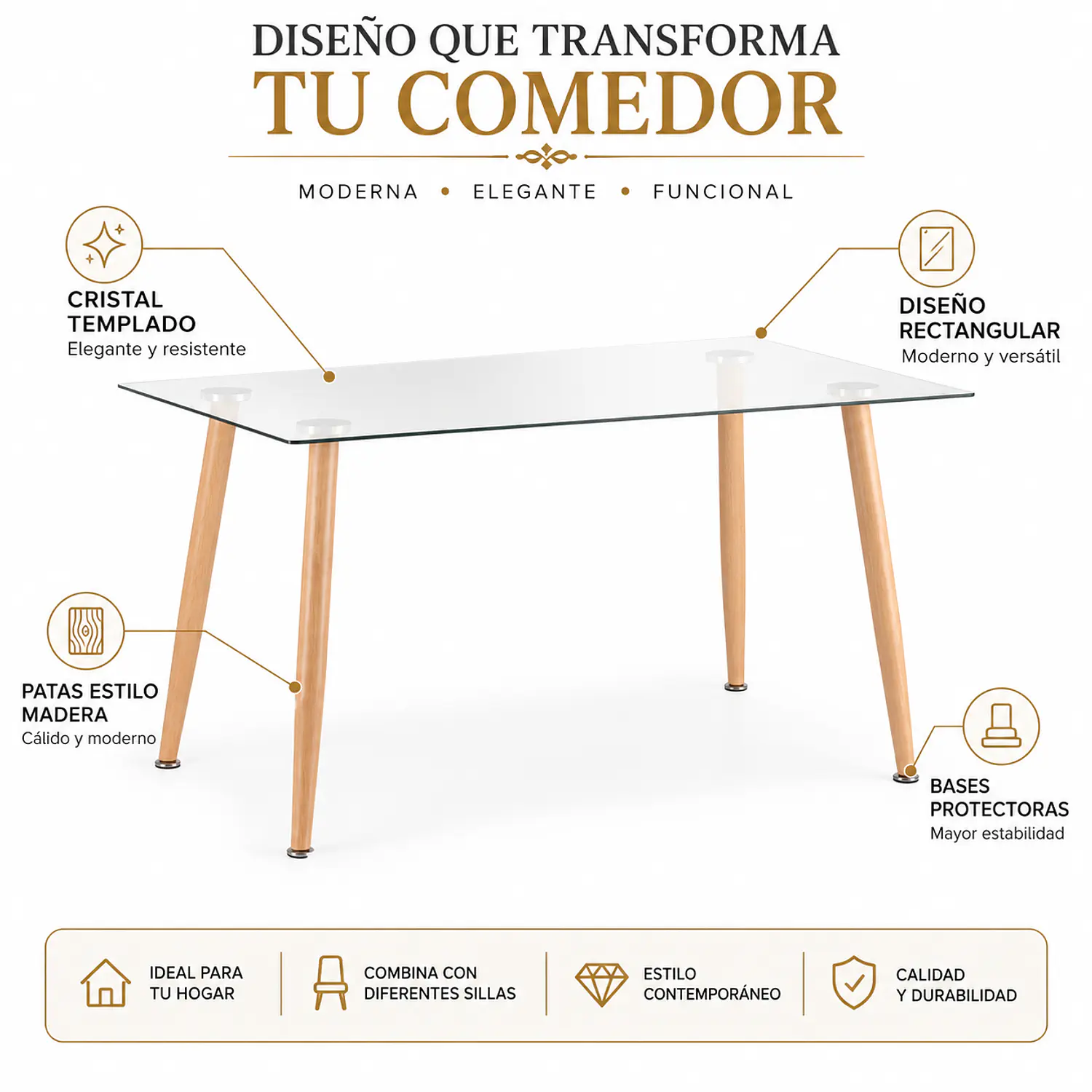 Mesa de Comedor Rectangular de Cristal con Patas Color Madera 2