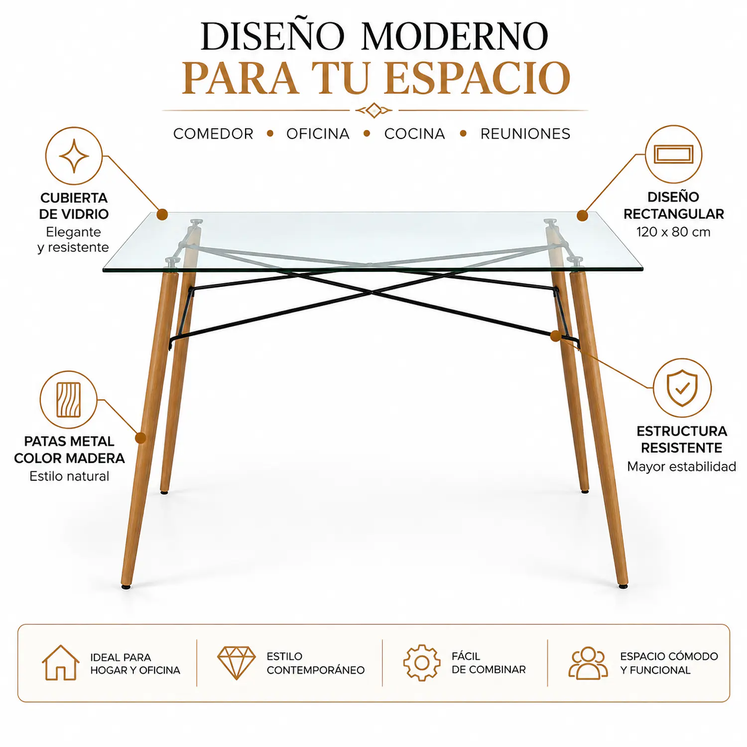 Mesa Rectangular de Vidrio Eiffel 120x80 cm 2