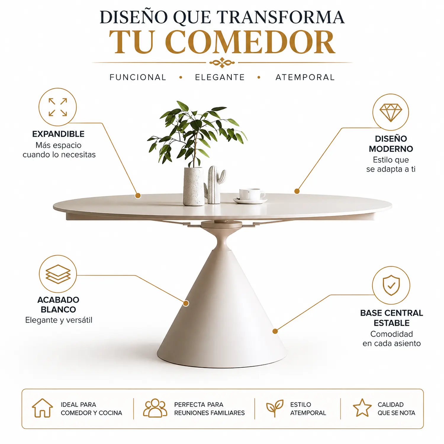 Mesa de Comedor Expandible Blanca Moderna 2