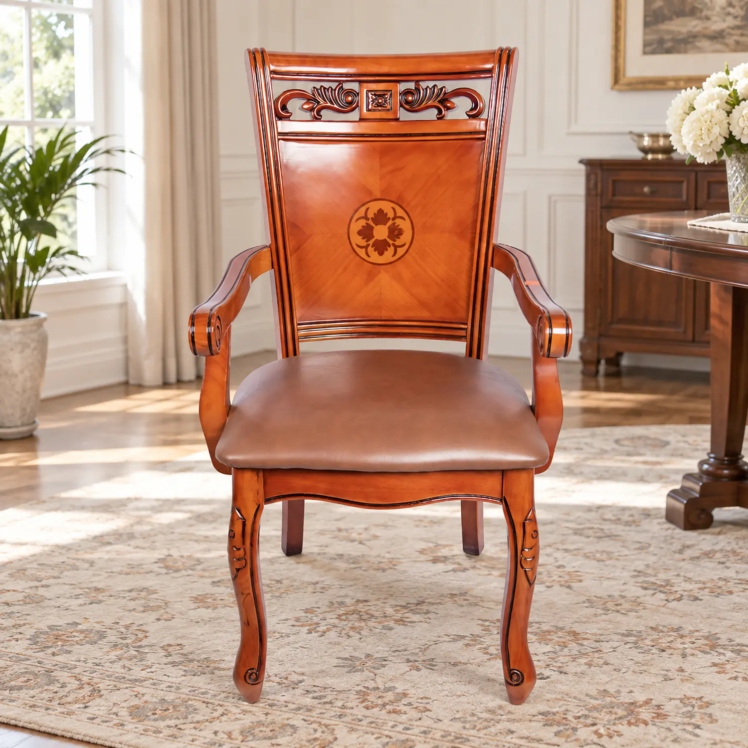 Silla de Comedor Roble Americano Caoba Tallada Clásica 1