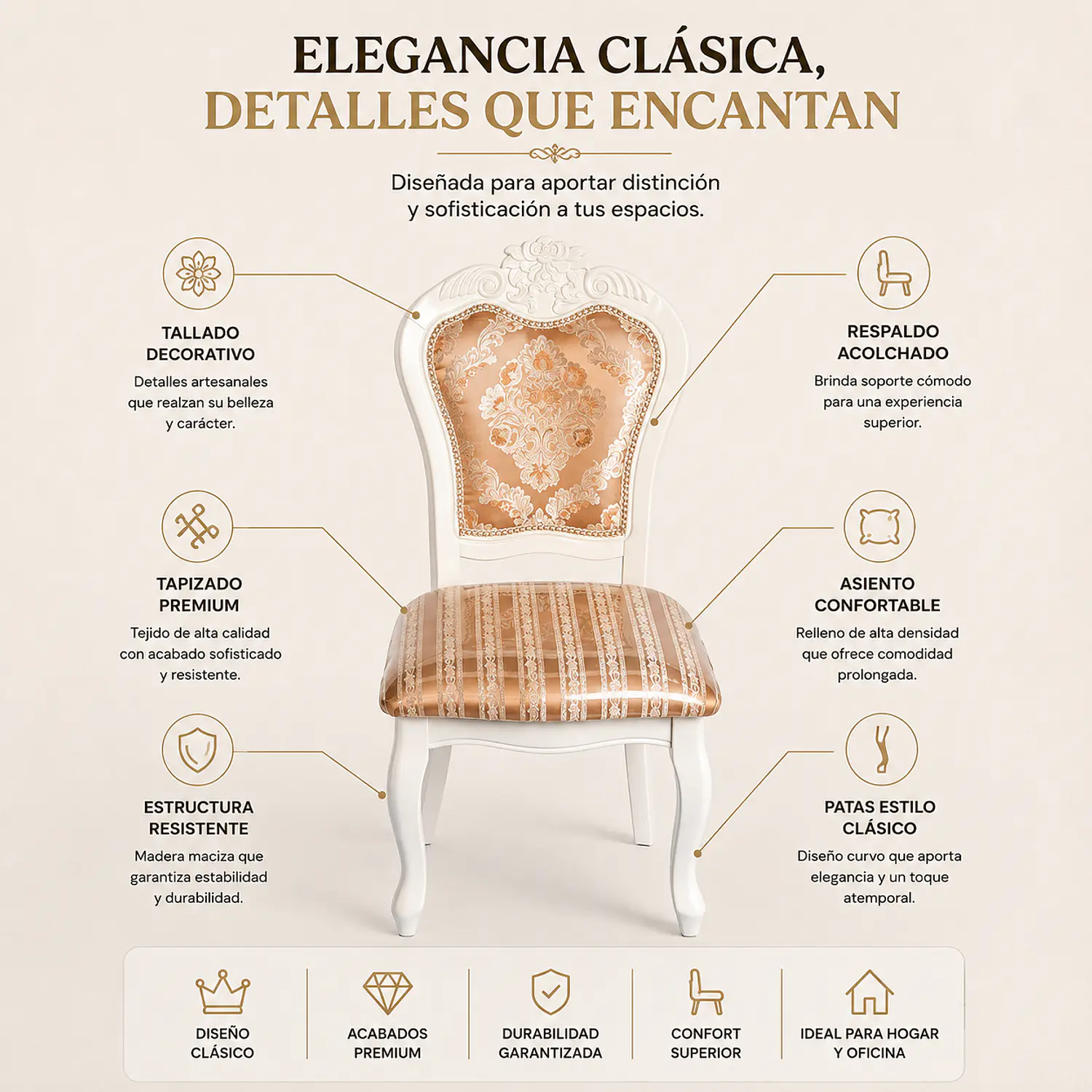 Set de 6 Silla de Comedor Blanca Monaco Tapizada con Tela Estampada 3