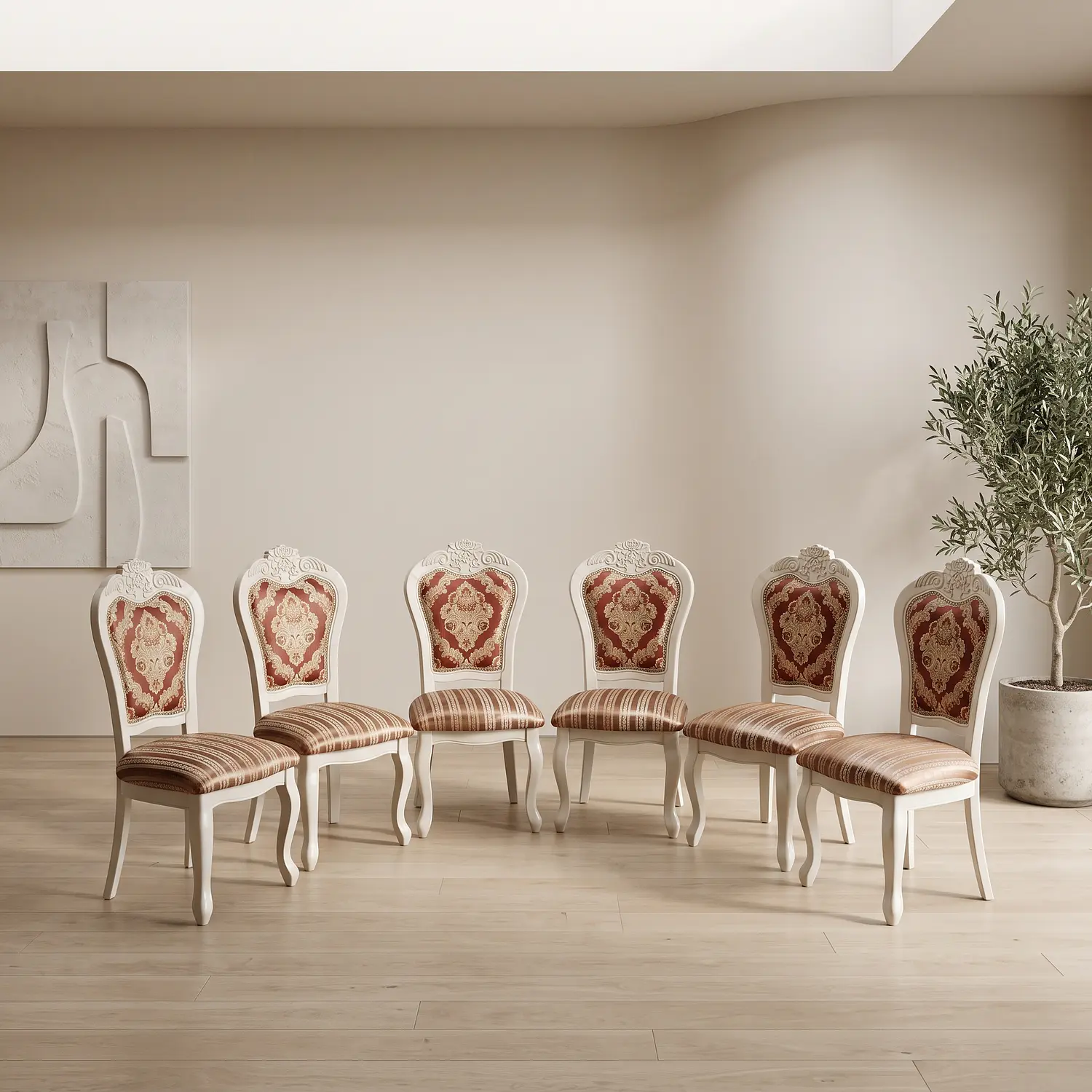 Set de 6 Silla de Comedor Blanca Monaco Tapizada con Tela Estampada 1