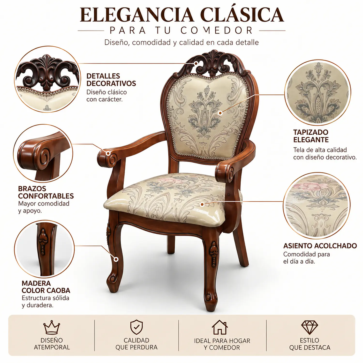 Sitial de Comedor de Madera Bellini Color Caoba con Tapiz Decorado 2