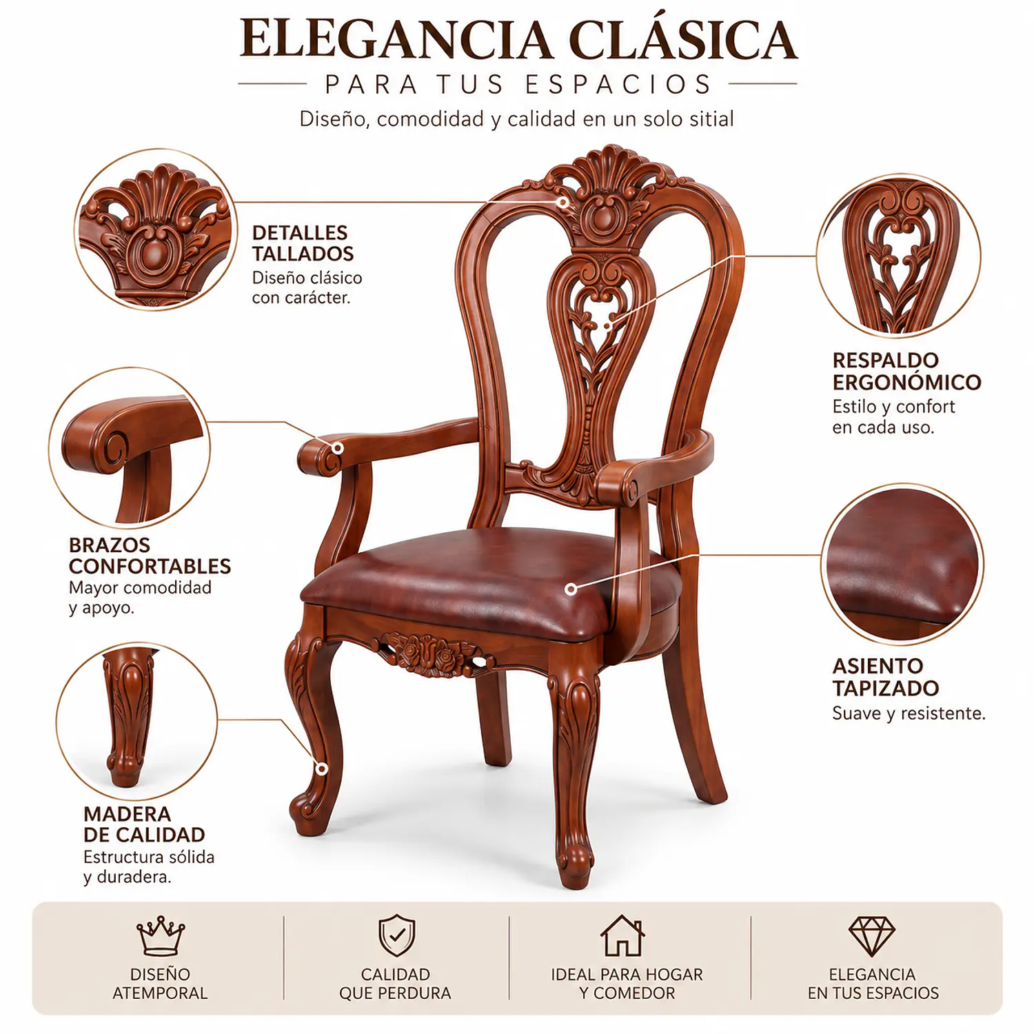 Set de 2 Sitiales de Comedor Clásico Victoria de Madera con Brazos Tapizado 2