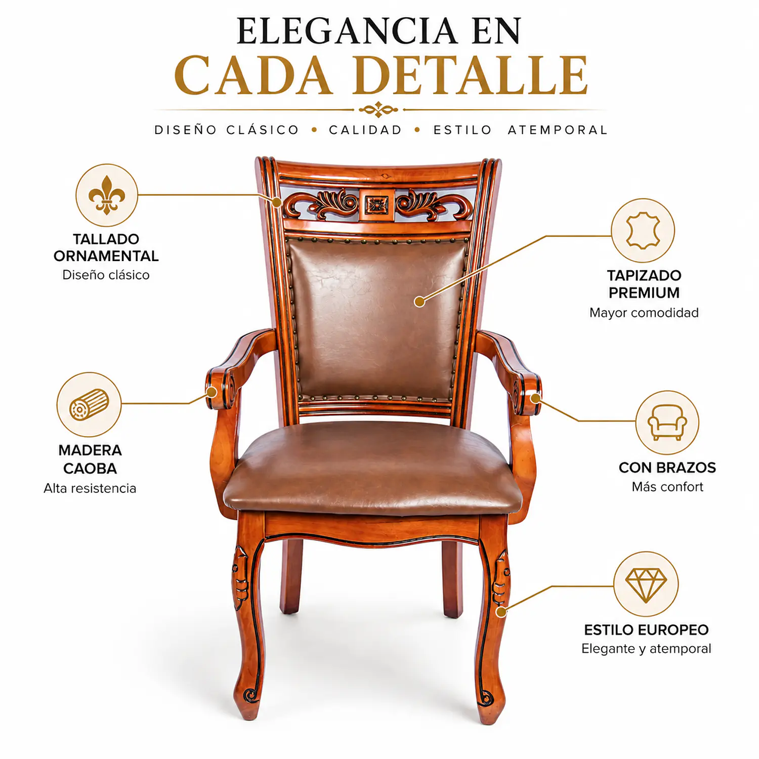 Set de 2 Sitiales de Comedor Caoba Europea Tallada con Brazos Clásica 2