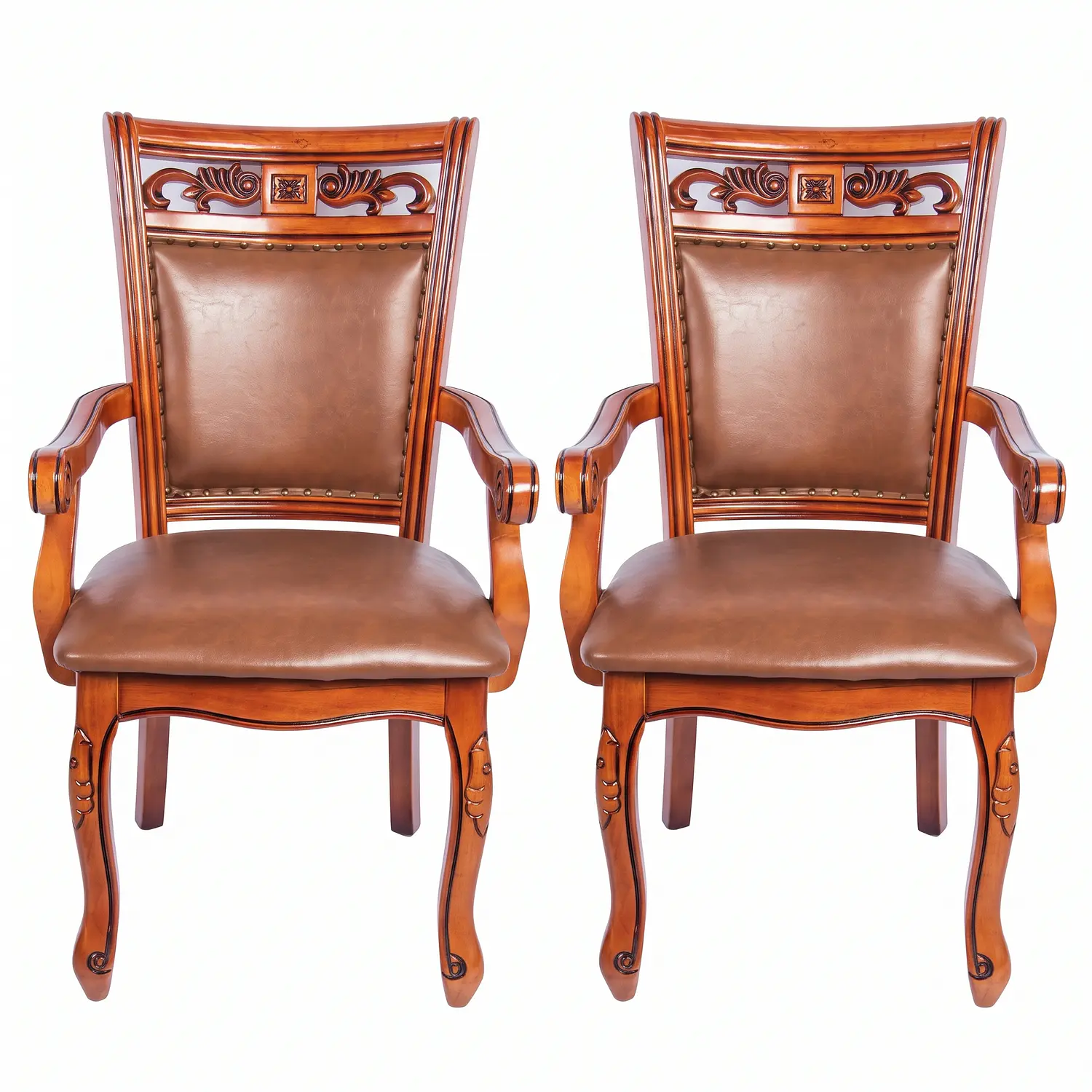 Set de 2 Sitiales de Comedor Caoba Europea Tallada con Brazos Clásica 3