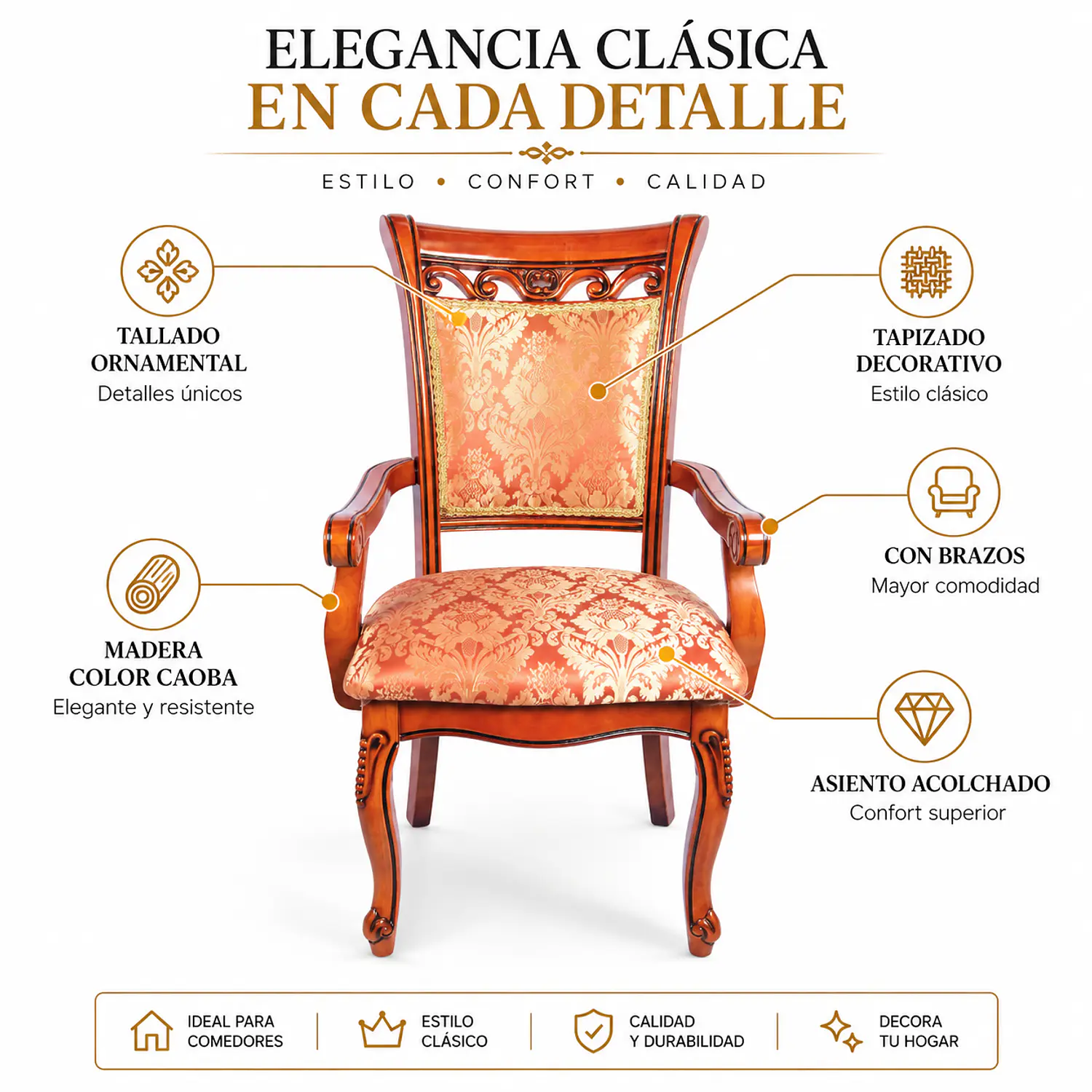 Set de 2 Sitiales de Comedor Color Caoba Tallada con Brazos 2