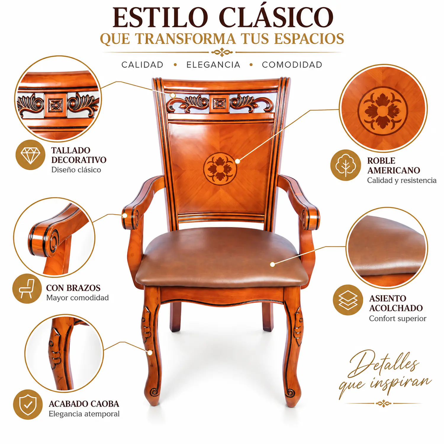 Set de 2 Sitiales de Comedor Roble Americano Caoba Tallada Clásica 2