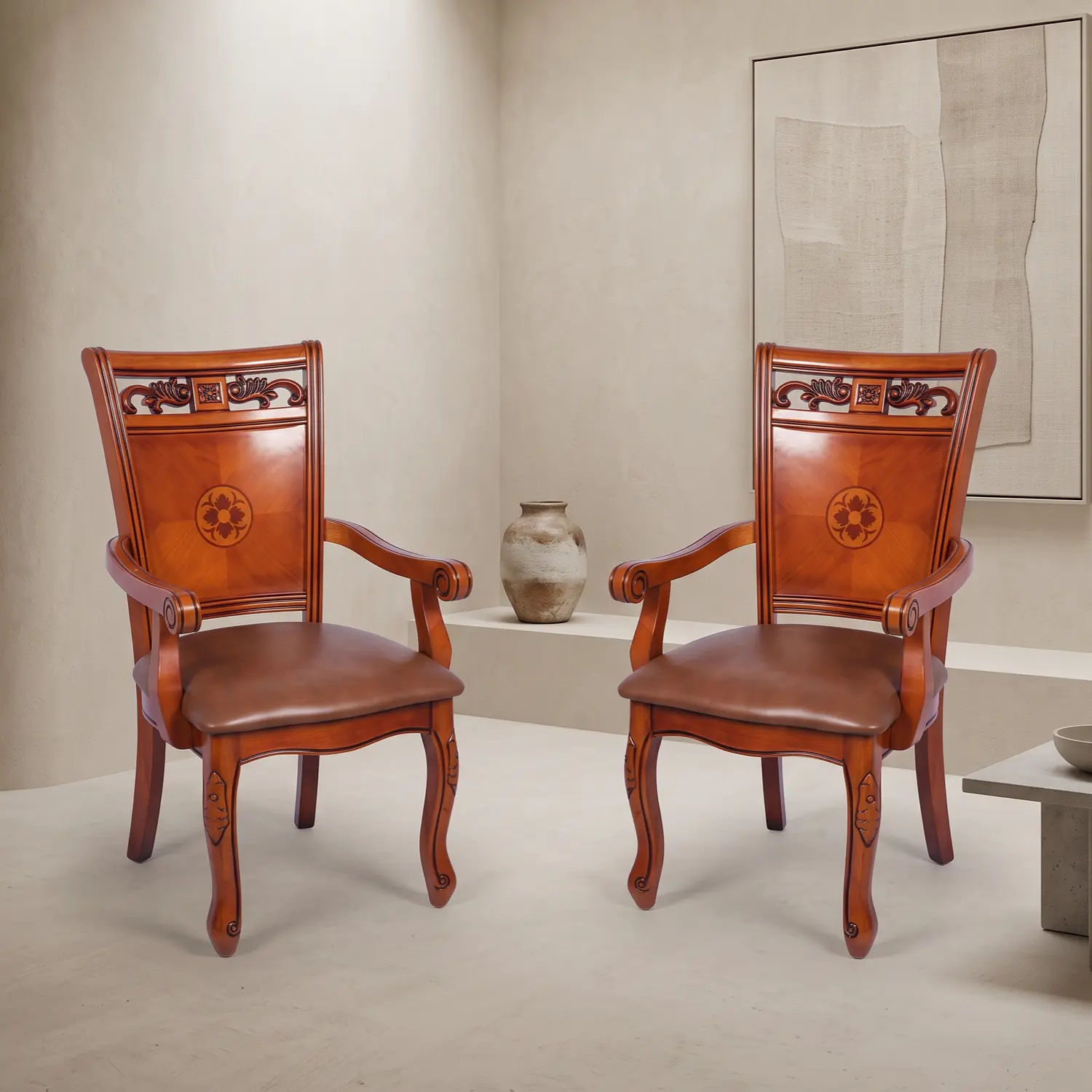 Set de 2 Sitiales de Comedor Roble Americano Caoba Tallada Clásica 1