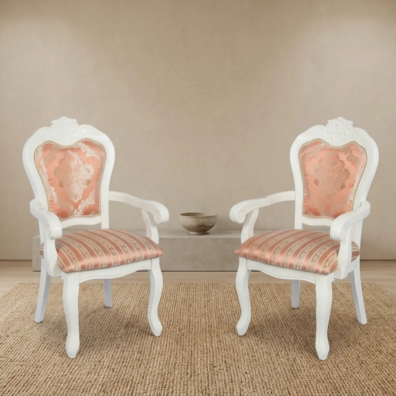 Set de 2 Sitiales Blanco de Comedor de Madera Maciza Europea con Tallado 1