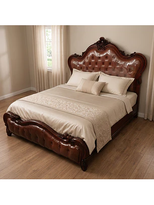 Cama Clásica de Madera de 2 Plazas Tallada con Tapizado Capitoné 