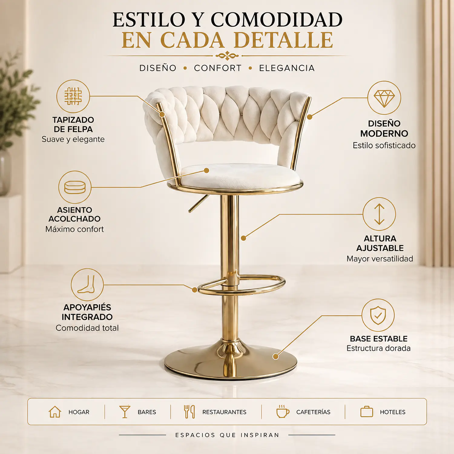 Piso Bar Alto de Felpa Beige con Estructura Dorada Giratorio 2