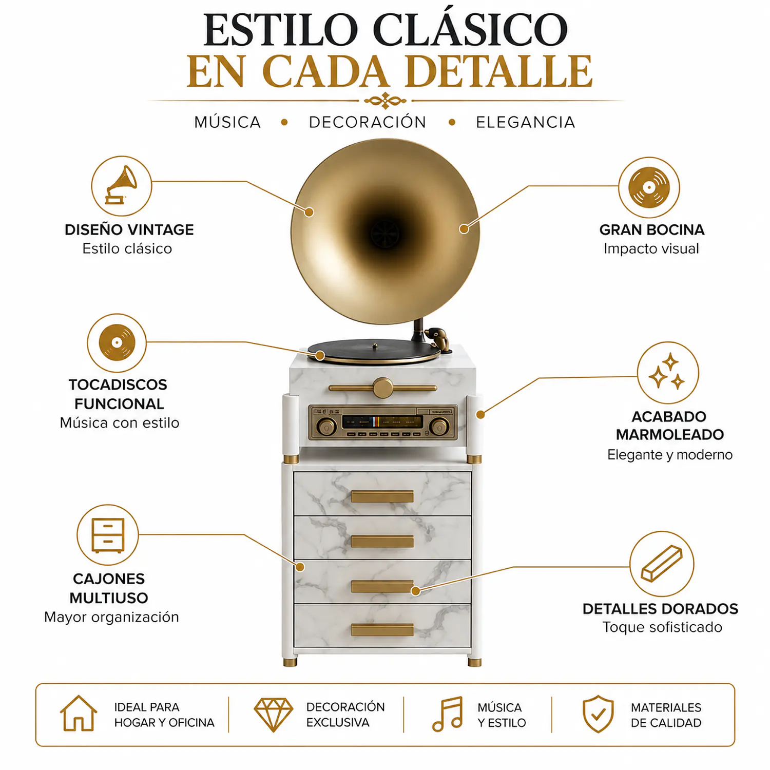 Tocadiscos Clásico Marmoleado Retro Vintage con Mueble 2