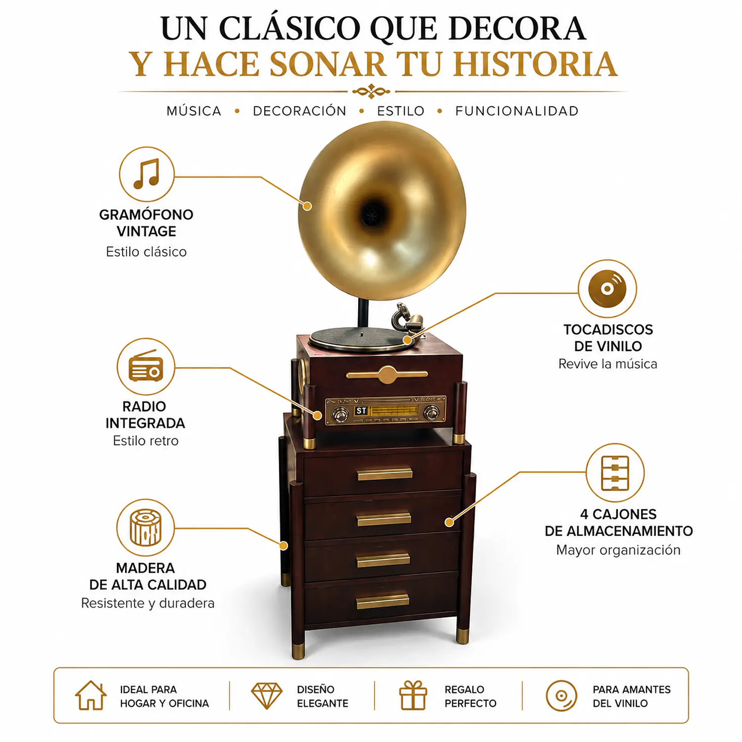 Tocadiscos Clásico Vintage con Gramófono y 4 Cajones 3
