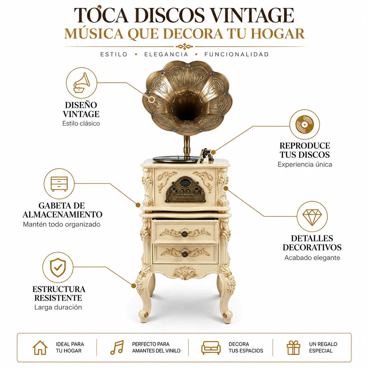 Toca Discos Vintage con Gabeta 2