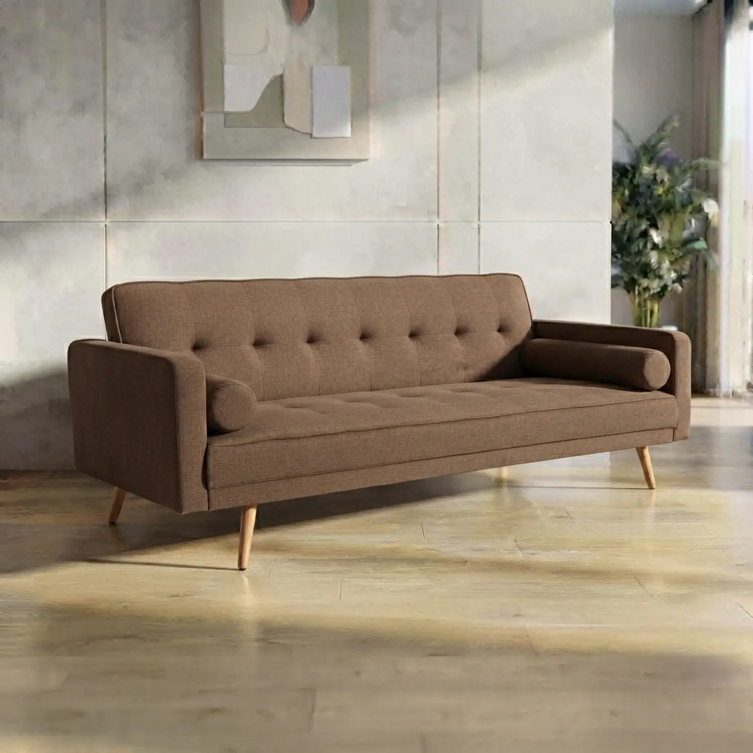 Sofá Cama de Lino 3 Cuerpos con Patas de Madera 1