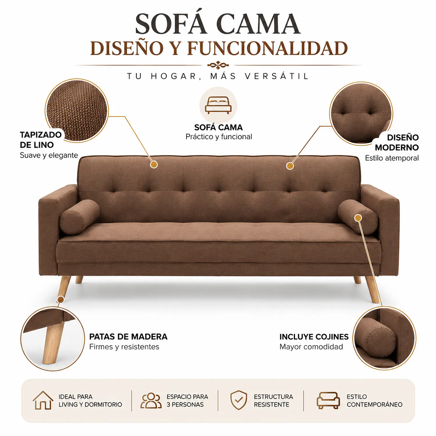 Sofá Cama de Lino 3 Cuerpos con Patas de Madera 2