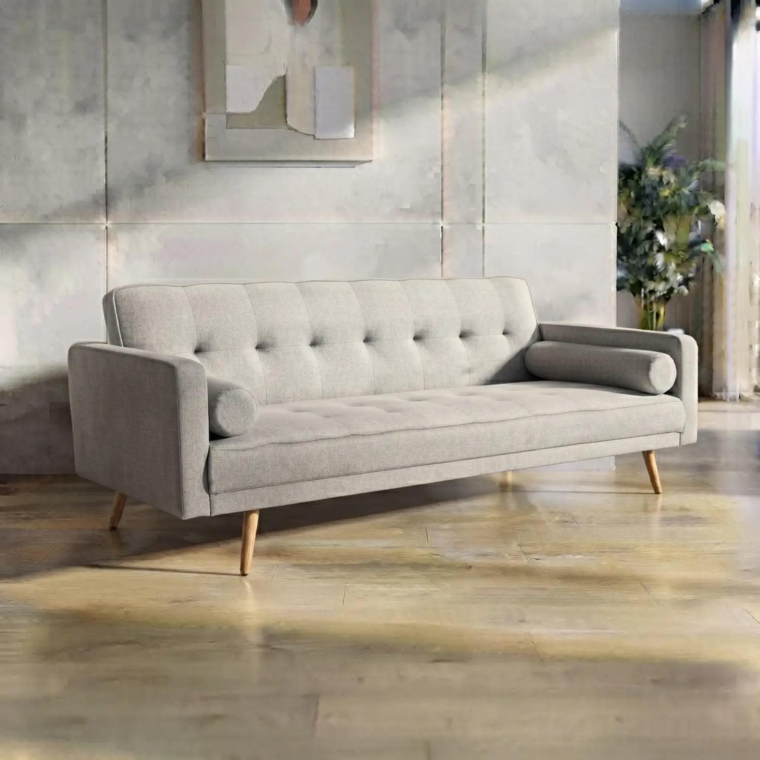 Sofá Cama de Lino 3 Cuerpos con Patas de Madera 5